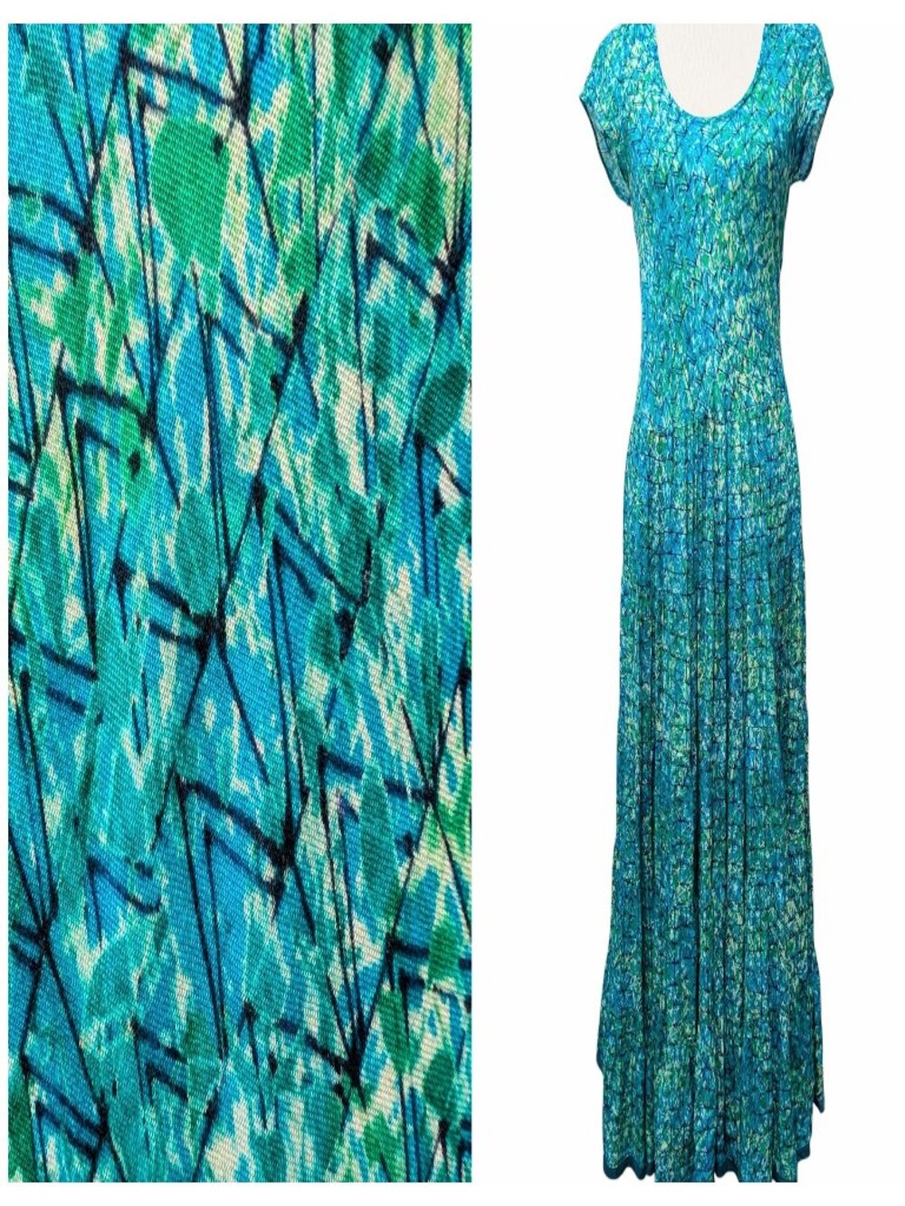 Soft Surroundings Women Sz XS Mariana Blue Green Geometric Batik Tier Maxi Dress